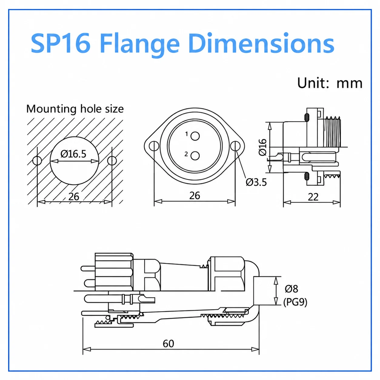 SP16 Flange Connector Male Female Plug Socket Set 2 3 4 5 6 7 9 Pin Options Solder Panel Mount for 6-8mm Cable with Dust Cap