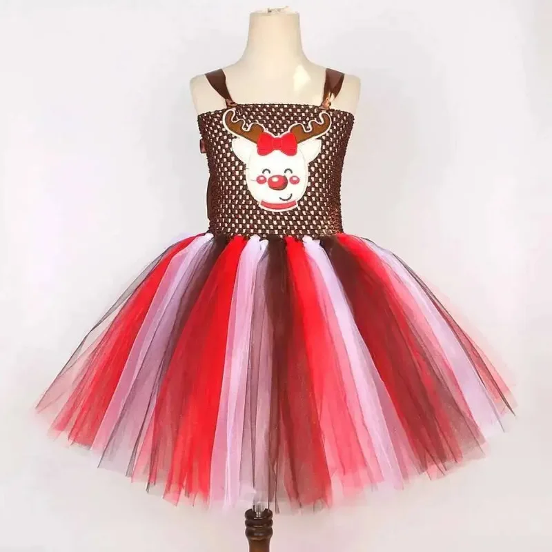 Girls' Christmas cartoon-style puffy dresses,  kids' color-blocked Christmas dresses,  Halloween and New Year formal gowns