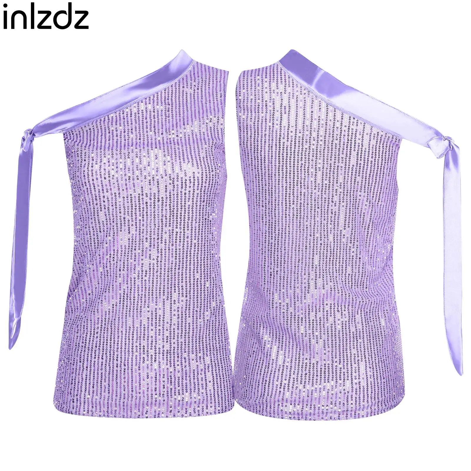 

Womens Adult Shiny Sequin Vest Sleeveless Irregular Shoulder Ribbon Lace-up Tank Tops Glittery T-shirt for Birthday Party Stage