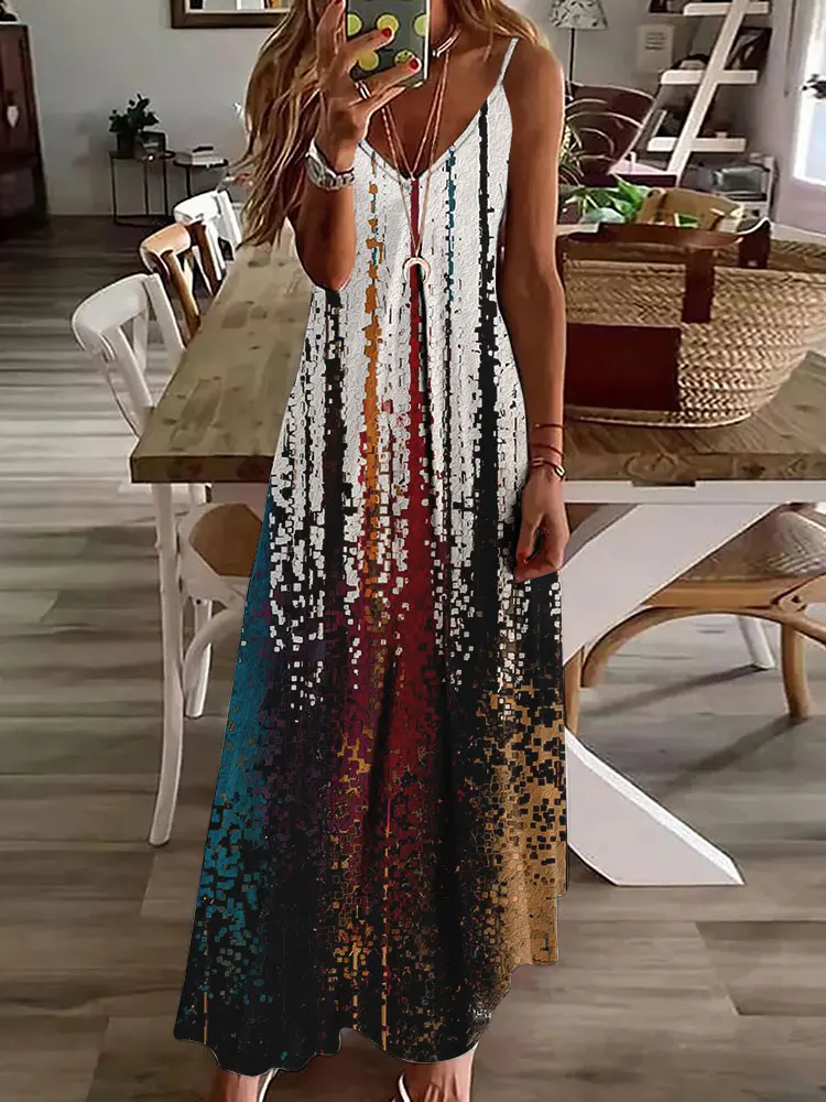 Women's Big Size Colorful Printed Dresses Simple Elegant Party Sleeveless Dresses V Neck Spaghetti Strap Long Dresses Clothing