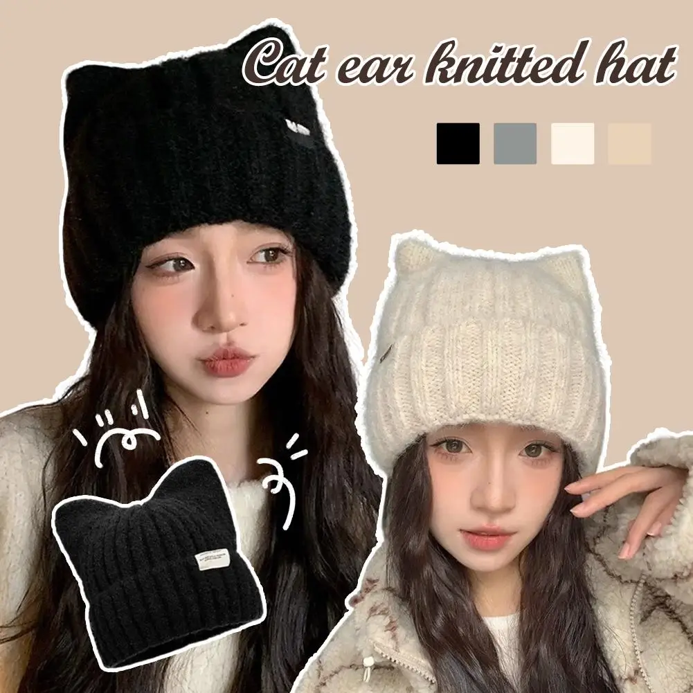 Cute Cat Ear Wool Hat for Kids, Japanese Style Thickened Fleece Winter Hat with Ear Protection, Warm Knitted Beanie
