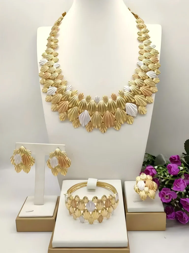 Elegant Tri-Color Shell Leaf Jewelry Set African Dubai Style Bridal Party Necklace Earrings Ring Bracelet