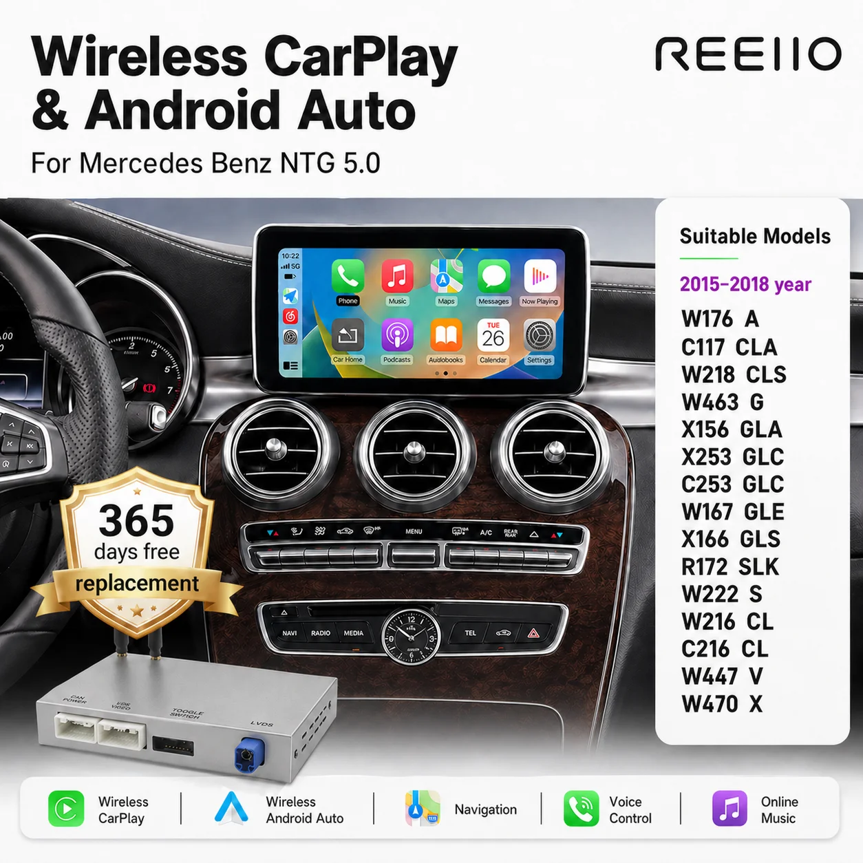 CarPlay inalámbrico y Android Auto para Mercedes Benz 5.0 A CLA GLA W176 Clase C W205 GLC 2015-2018 con soporte para cámara, Mirror Link y AirPlay