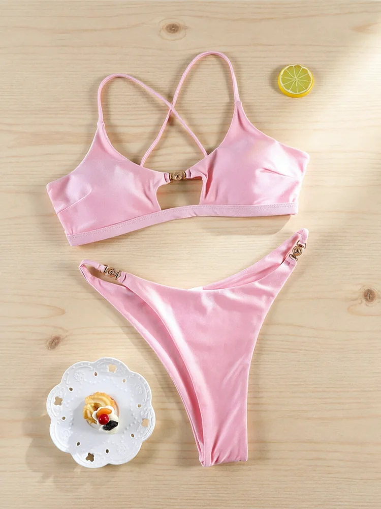 Rinade Pink Swimwear Push Up Bikini String Bikinis Bandage Swimsuit High Cut Swimsuit Sexy Bathing Suit Two-Piece Beachwear