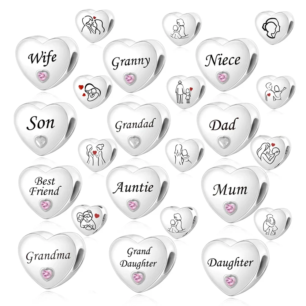 Grandad & Grandma, Auntie & Niece Best Friends Hand Drawn Heart Charm Beads Fit Pan Bracelet DIY Women Family Jewelry Gift