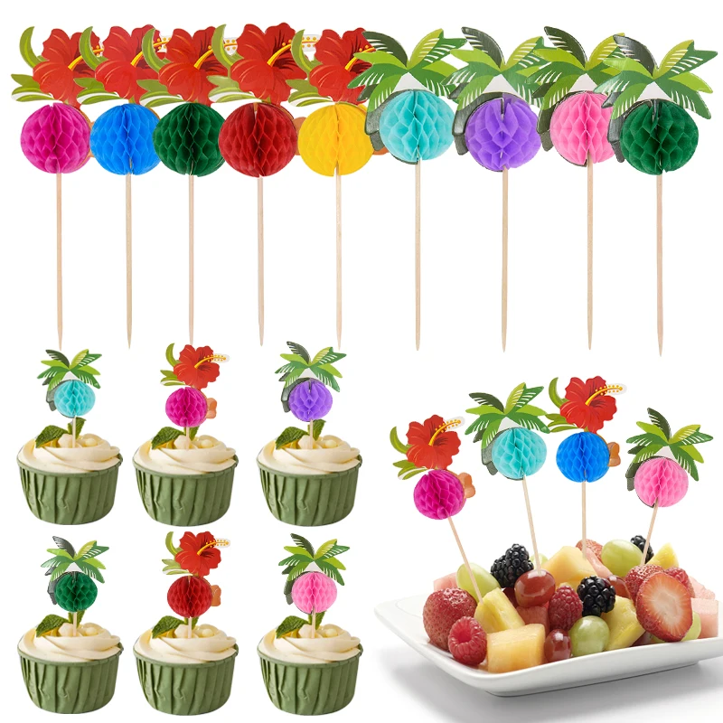 

50pcs Hawaiian Cupcake Toppers Palm Leaves Bamboo Sticks Hawaiian Luau Summer Party Decoration Beach Birthday Dessert Fruit Fork