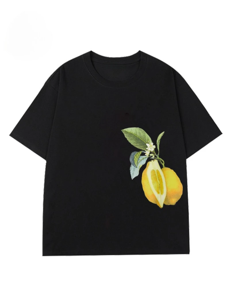 2025 صيف جديد الليمون نمط تي شيرت مطبوع القطن المألوف عادية قصيرة الأكمام الرجال والنساء