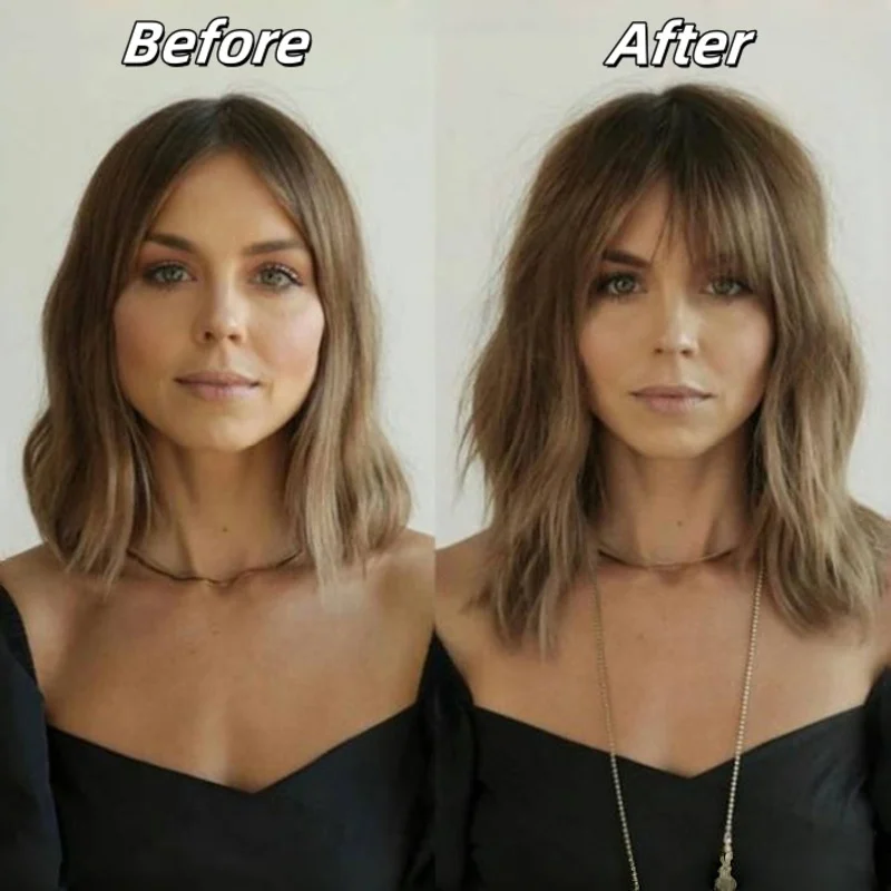 Brown Ombre 100% Human Hair Toppers with Bangs 14 Inch Clip In Remy Hairpieces for Women Dark Root Hair Extensions Daily Party