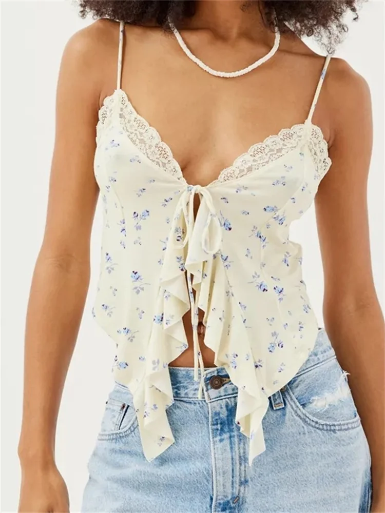 CHRONSTYLE Vintage Floral Print Lace Patchwork Camis Tops for Women V-neck Front Split Tie-up Ruffle Tank Summer Strap Mini Vest