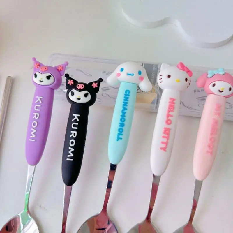 New Kawaii Hello Kitty Sanrio Kuromi Tableware My Melody Cinnamoroll Pochacco Children Cartoon Spoon Chopstick Two Piece Set