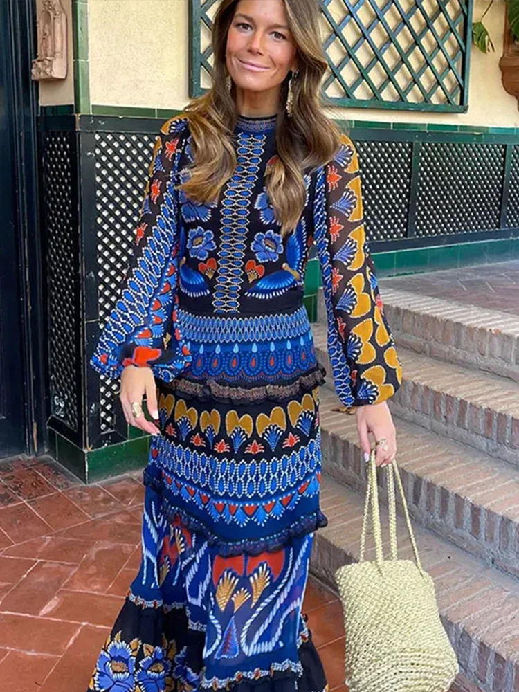 Vintage Print O-Neck Patchwork Maxi Dress Women Fashion Lantern Sleeves Loose Long Dresses 2024 Lady Casual Vacation Streetwear