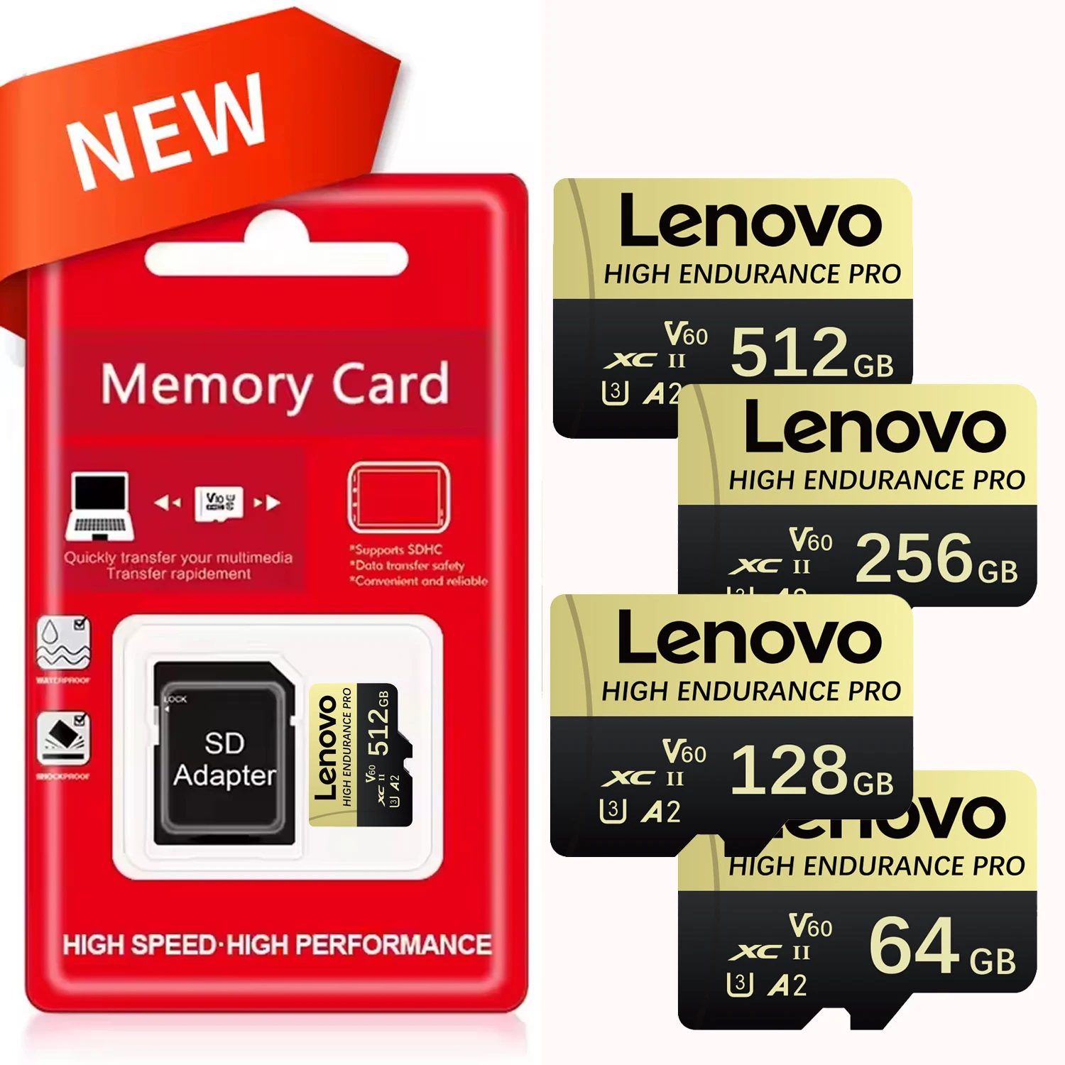 Cartão de Memória SD Lenovo de Alta Resistência 128/256/512GB, Cartão Micro SD de Alta Velocidade U3 V60, Cartão TF Universal para Câmera e Nintendo Switch