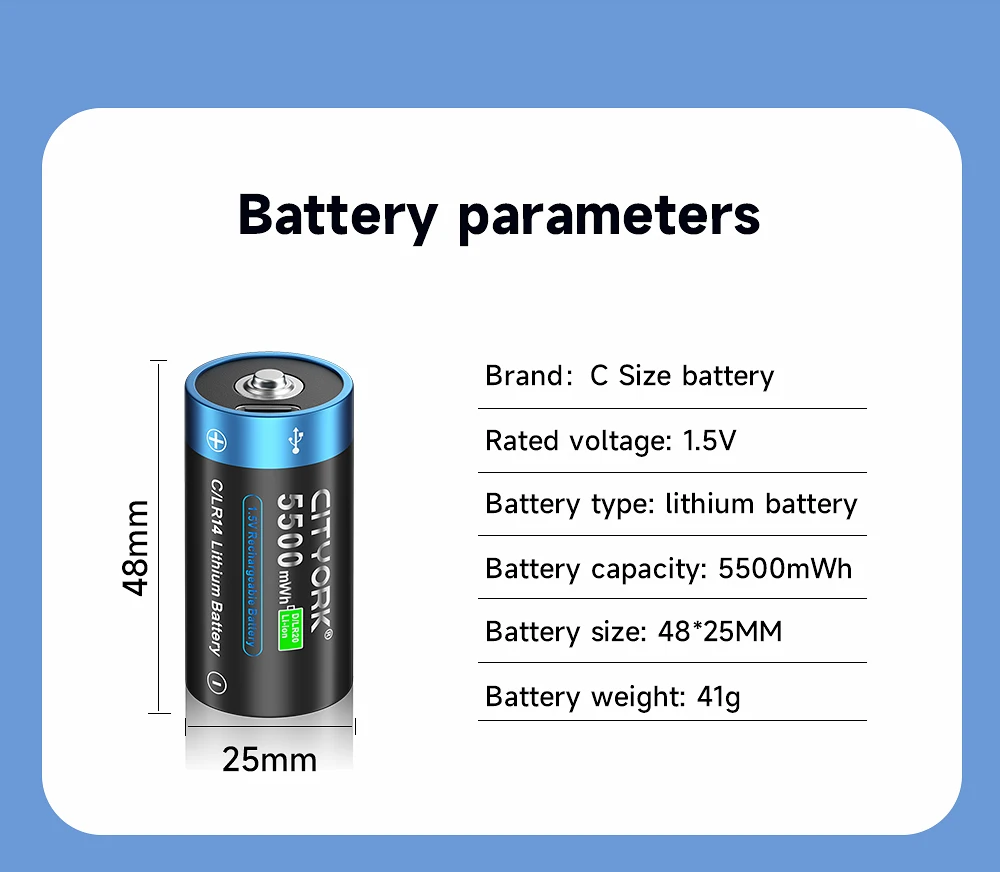 CITYORK 1,5 V R14 LR14 Akku C-Batterien Li-Ion Typ-C USB-Aufladung für Taschenlampe Gaskocher 100 % Original – Detail 12