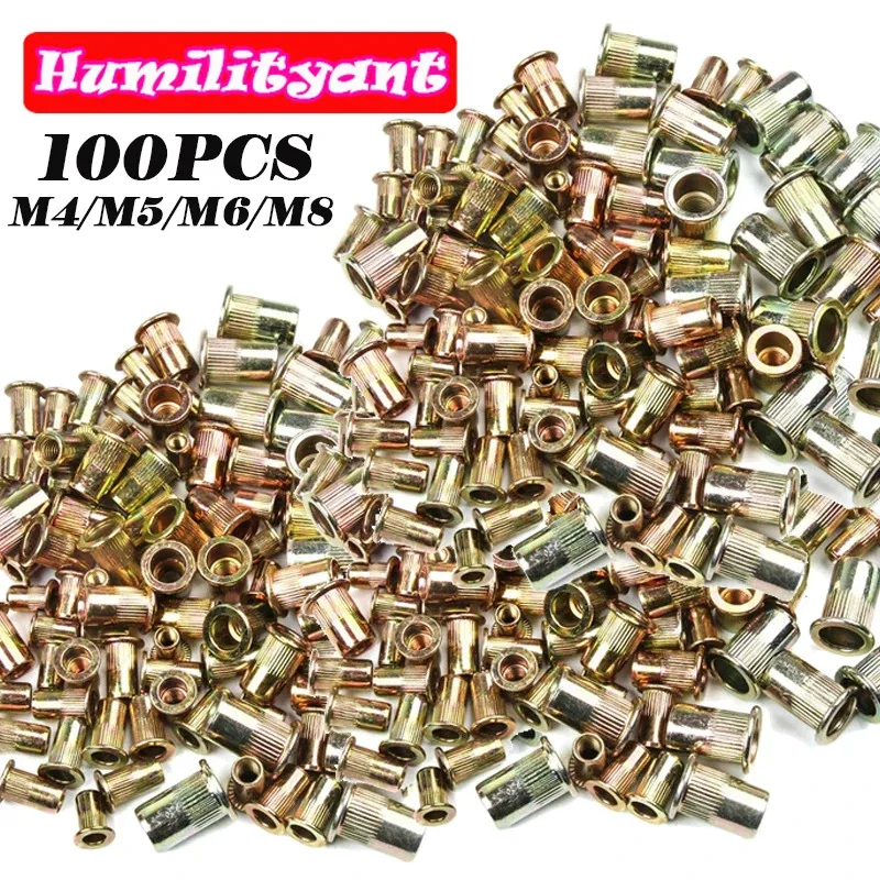 100Pcs Flat Head Riveting Nut Set with 1Set Hand Threaded Rivet Nut Gun With BT606 Insert Manual Riveter Riveting Rivnut Tool