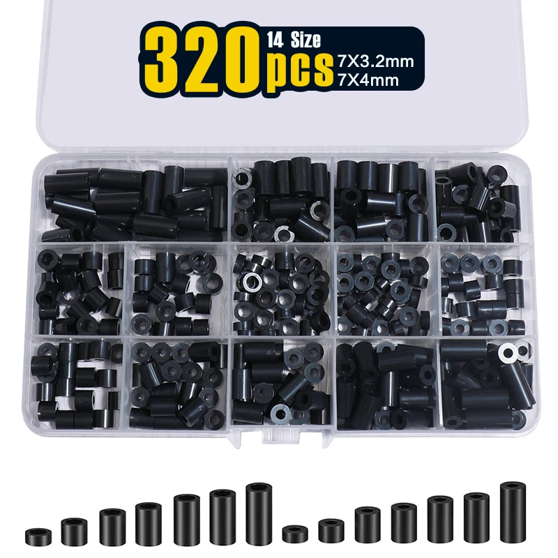 320 Pcs, 14 Size, Electrical Outlet Screws Spacers, Black Nylon Round Spacer Assortment Kit, Plastic Spacers Without Threaded