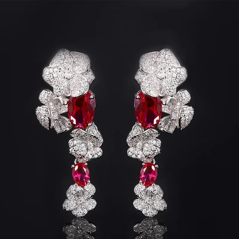 

Luxurious Floral Drop Earrings with Emerald Red Accents Sparkling Crystal Flower Design Magnificent Women Jewelry Wedding Gift