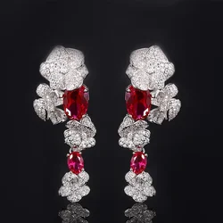 Luxurious Floral Drop Earrings with Emerald Red Accents Sparkling Crystal Flower Design Magnificent Women Jewelry Wedding Gift