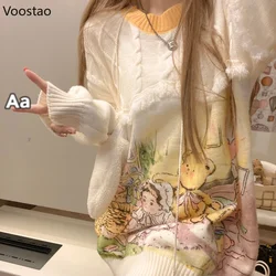 Sweet Knitted Pullovers Autumn Winter Women Kawaii Cartoon Print Tassels Sweater Coat Girls Cute Loose Knitwear Jumpers Tops