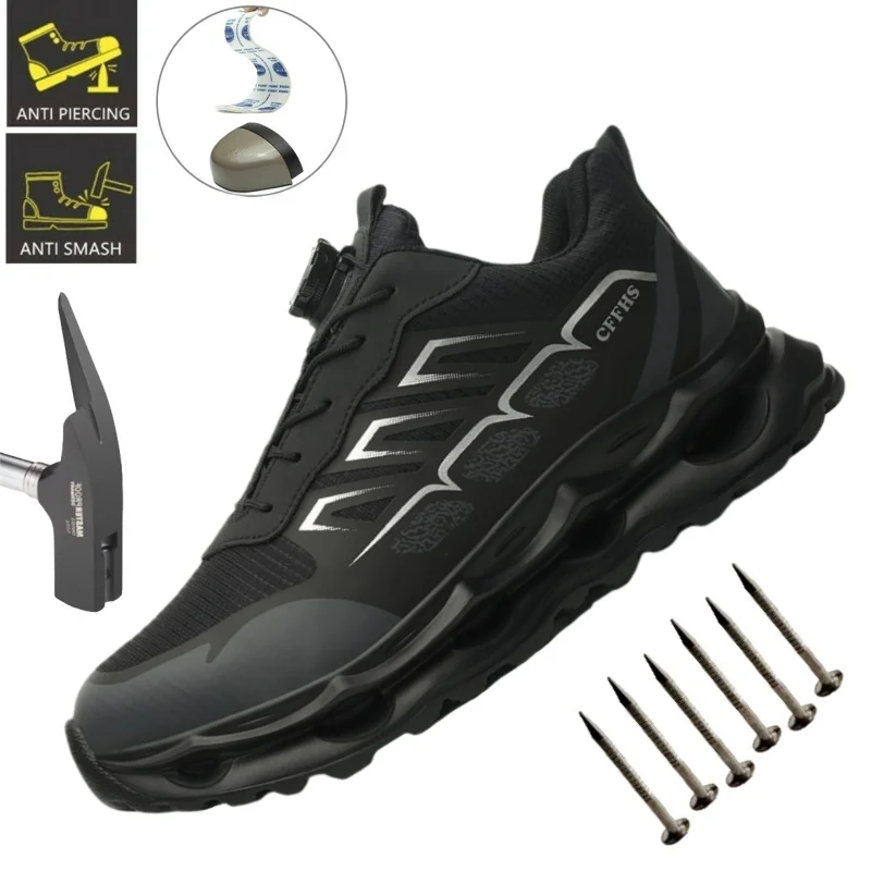ファッション回転ボタン新安全靴男性抗スマッシュ抗穿刺作業靴男性スポーツシューズセキュリティ保護ブーツ男性