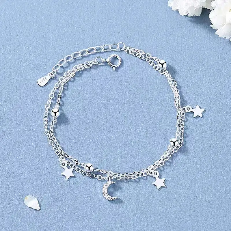 925 Sterling Silver Double Layer Star Moon Ball Bracelet Sparkling Zircon Bracelet Cute Fashion Wedding Jewelry Birthday Gift