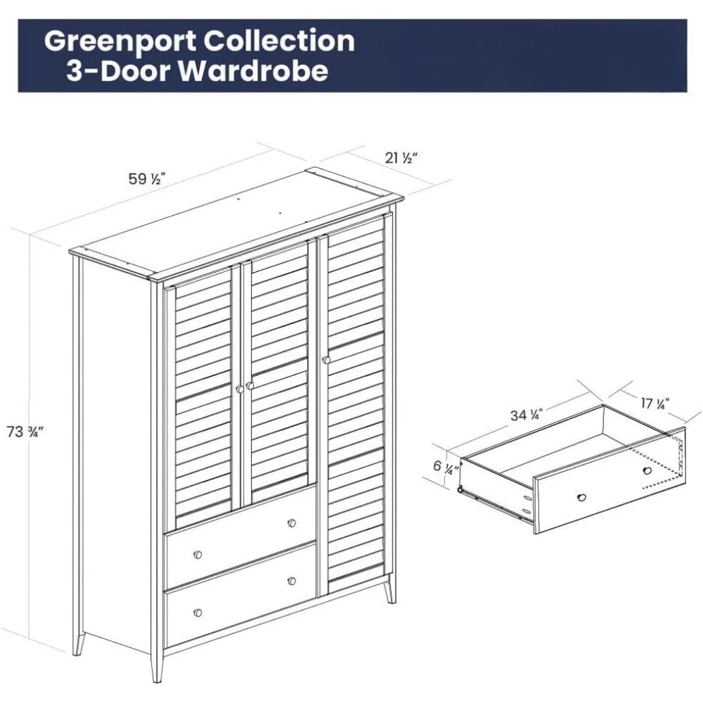 Greenport 3-Door Wardrobe, Solid Wood with Brushed Finish