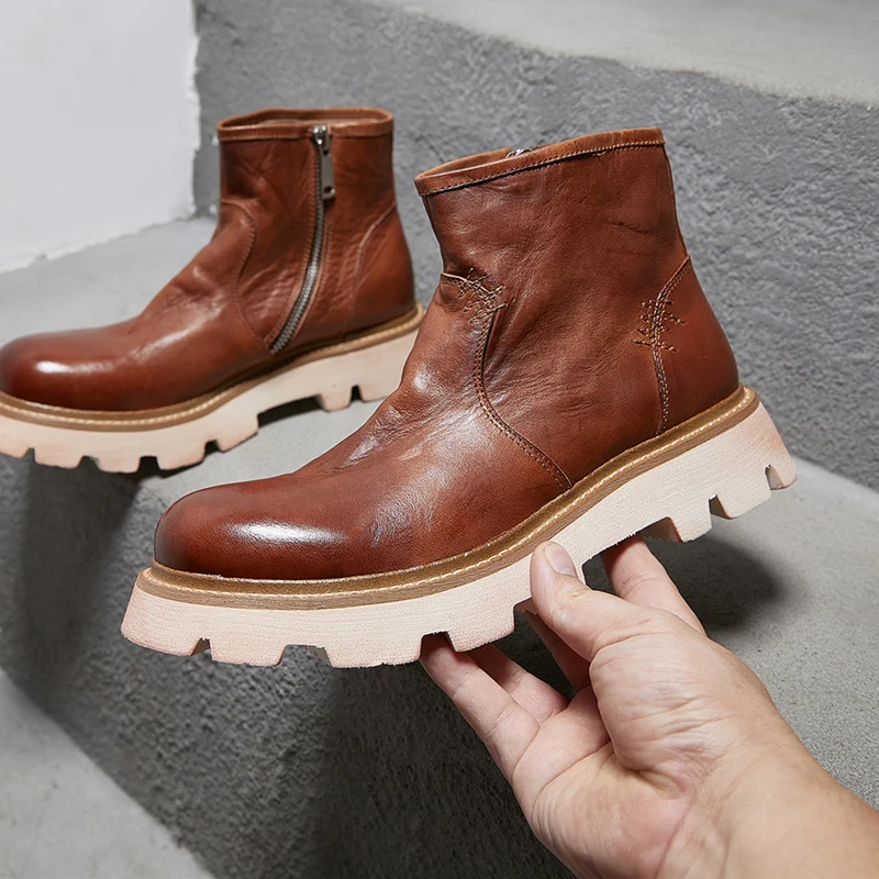 Handmade High-end Designer Men's Chelsea Boots Luxury Brand Genuine Leather Men Ankle Boots Thick Soled Breathable Casual Shoes