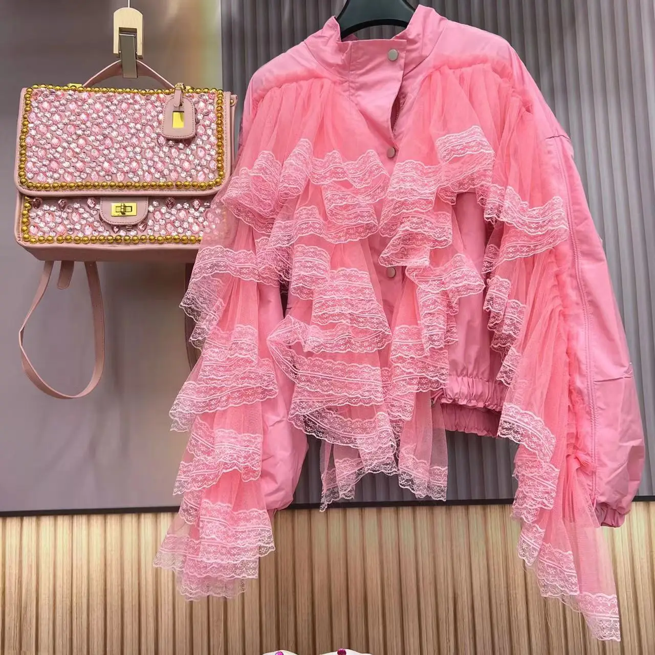 Chic Woman Lace Edge Ruffles Jacket Irregular Mesh Patchwork Ruched Lotus Coat Cardigan Gauze Pleated Bomber Single Breasted Top