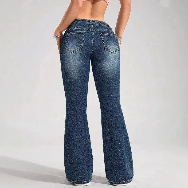 

Flared Jeans For Woman Y2k Jeans Retro Low Waist Flare Trousers Stretch Denim Blue Washed Slimming Wide Leg Trend