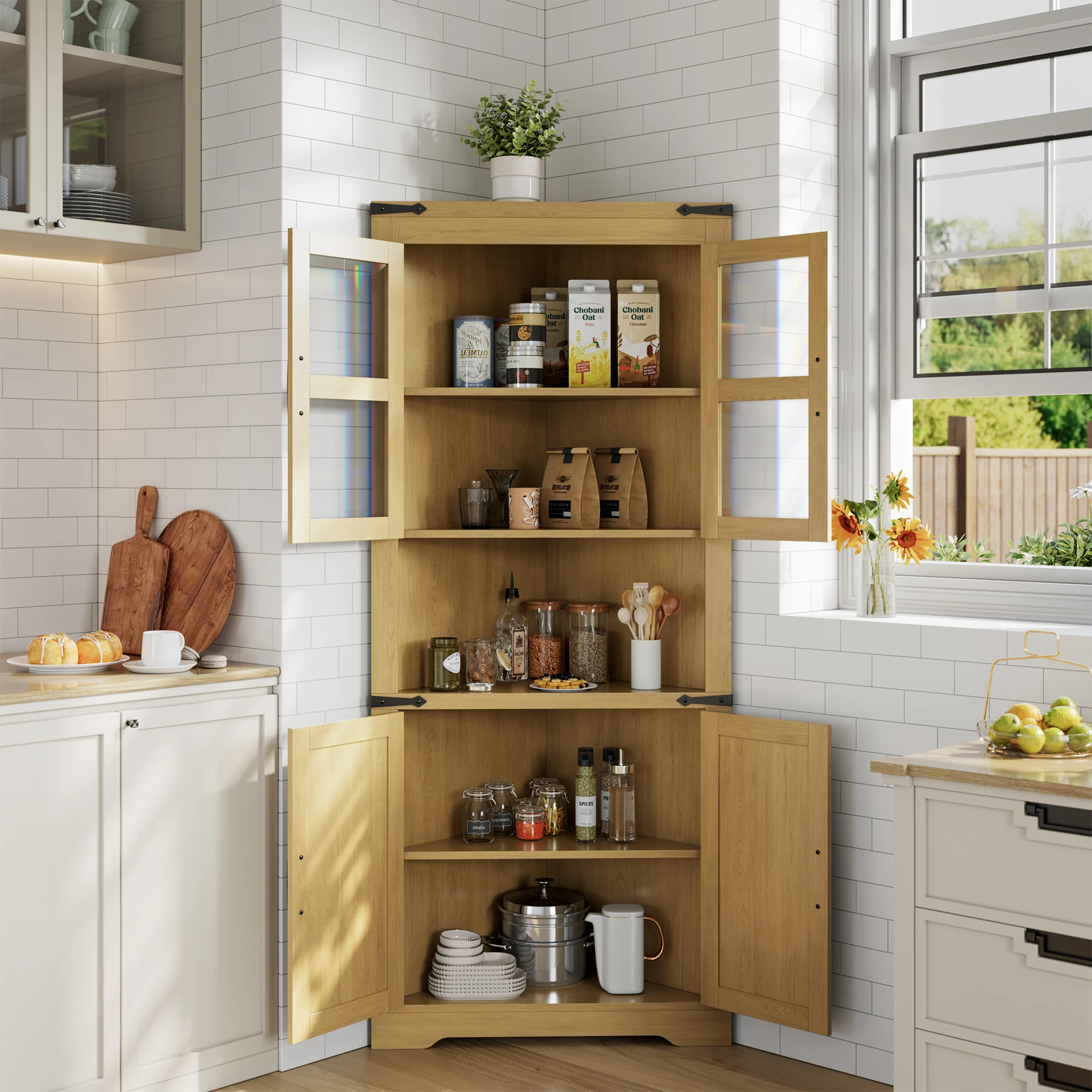 Garvee Tall Farmhouse Corner Cabinet with Glass Door – Adjustable Shelves & Ample Storage – Kitchen, Living Room, Bathroom – White Floral Design image 4
