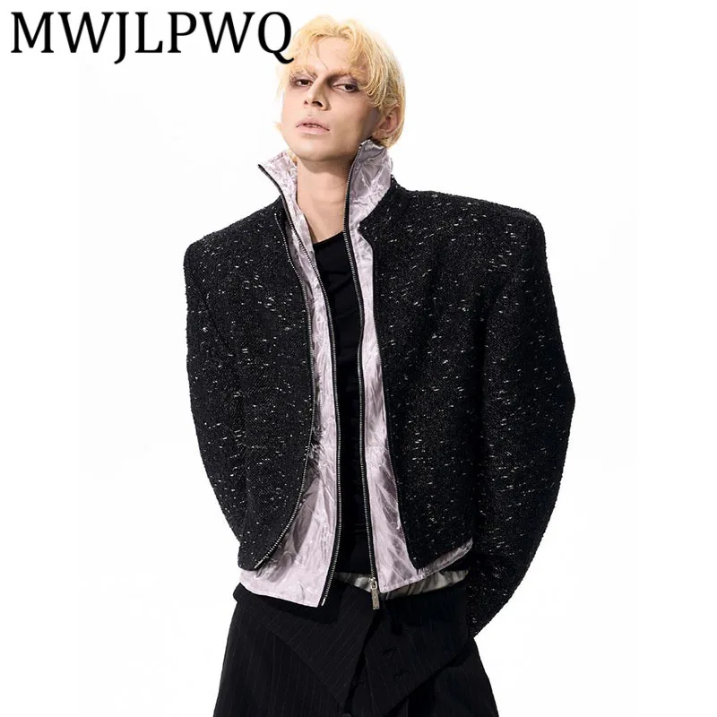 

MWJLPWQ High-End Fake Two-Piece Jacket For Men Autumn High Street Short Stand Collar Texture Niched Design Casual Tops 12139