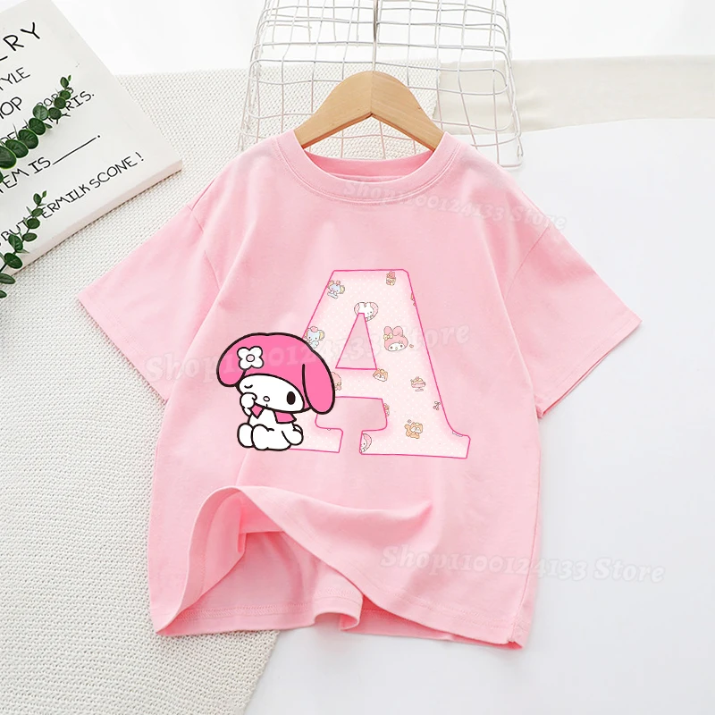 

Cute Melody Girl T-shirt Cotton Sanrio Kawaii Letters Anime Print Kid Purple Tees Streetwear Casual Clothes Child's Short Sleeve