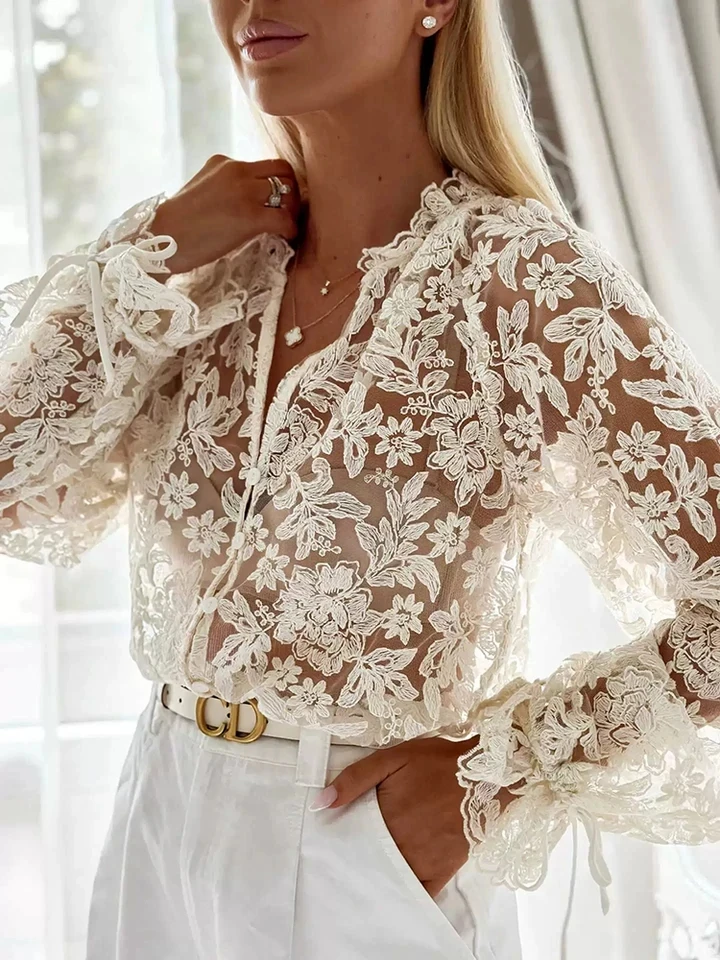 

Elegant Long Sleeve Commute Shirts Spring Summer New Women's Simple Hollow Out Top Solid Lace Floral Embroidery See-through Tops