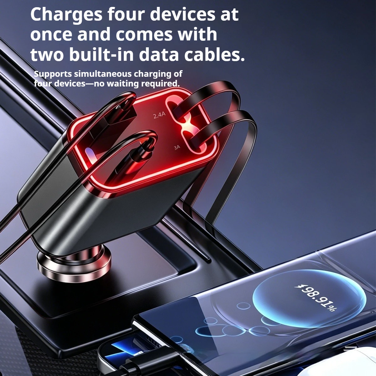 4In1Port Car Fast Charger with Retractable Cables Starry Sky Projection Ambient Light Cigarette Lighter Adapter For IOS & Andro