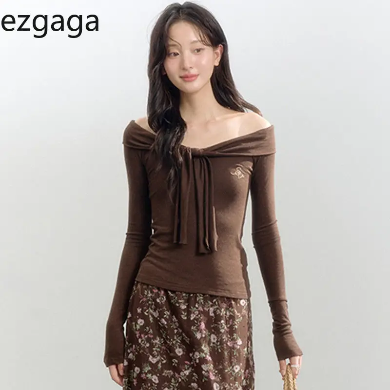 

Ezgaga укороченные топы женские осенние новые модные футболки с длинным рукавом и тонким вырезом Y2k эстетичная женская повседневная футболка сексуальная