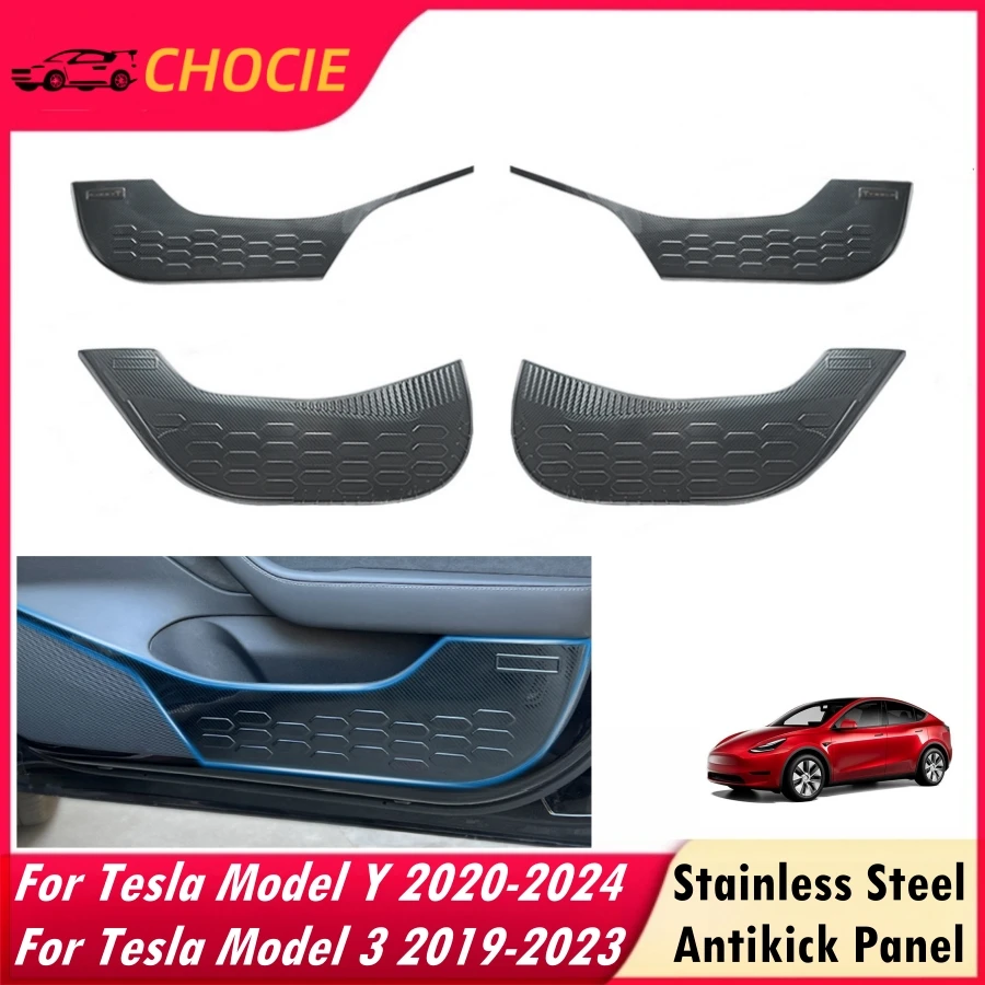 

4PCS Stainless Steel Carbonfiber Style Car Door Anti Kick Panel Stickers For Tesla Model Y Model 3 2019-2023 Door Protector Cove