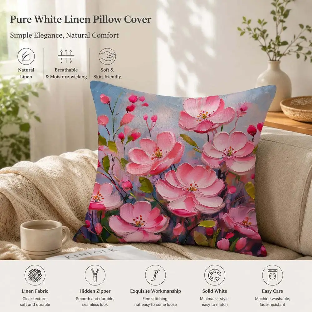 Oil Painting Floral Cushion Cover Natural Linen Pillow Case Organic Fabric Double Sided Print Sofa Home Decor Gift