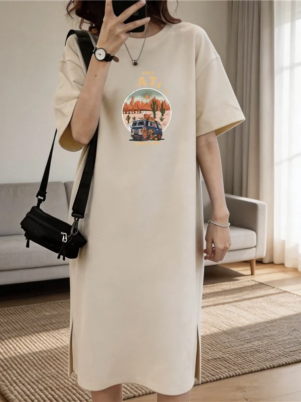 Women's Cartoon Print Cotton Short Sleeve T-Shirt Dress Long Loose Slimming Knee-Length Maxi Dress Summer New Style Casual Wear