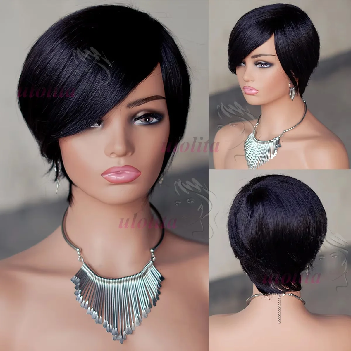 عابث قطع 100% باروكة من شعر طبيعي مع الانفجارات الجانبية للنساء قصيرة ريمي الطبقات الشعر البشري البرازيلي شعر أسود طبيعي شعر مستعار رخيصة