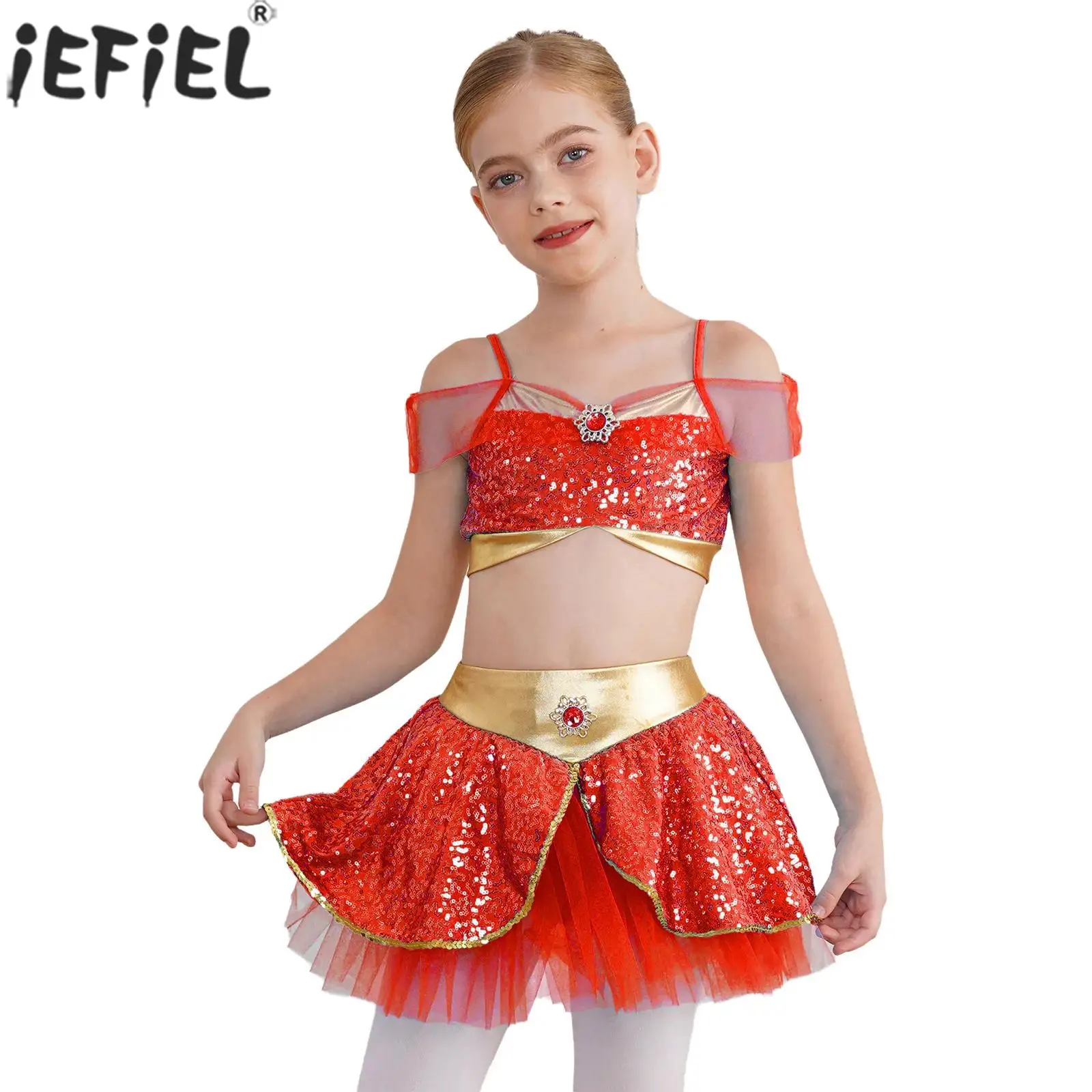 Girls Sequin Gem Crop Top with Culottes Halloween Theme Party Carnival Arabian Princess Cosplay Performance Costume Dance Outfit