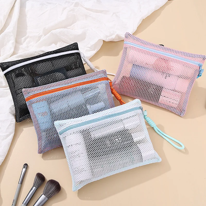 women Large Capacity Cosmetic Bag Transparent Travel Net Cloth Handheld Toiletry Bag Zipper Makeup Storage Bag Beauty Case