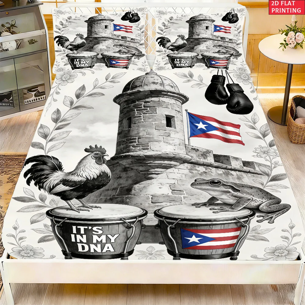 Puerto Rico-themed bedding 2D digital print three-piece set (includes 1 fitted sheet + 2 pillowcases) mattress protector, fitted sheet style with elastic, protective cover, mattress protector, fitted sheet bedding
