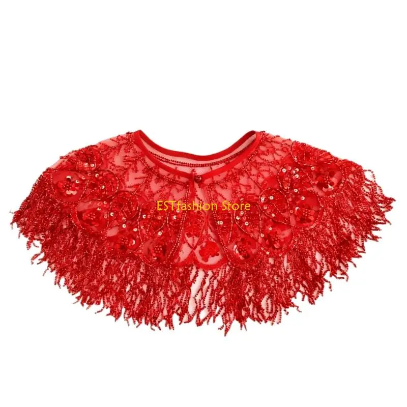 Y5GC Handmade Beaded Fringe Shawl Elegant Wedding Party Accessory Lightweight Polyester Shoulder Wrap For Women