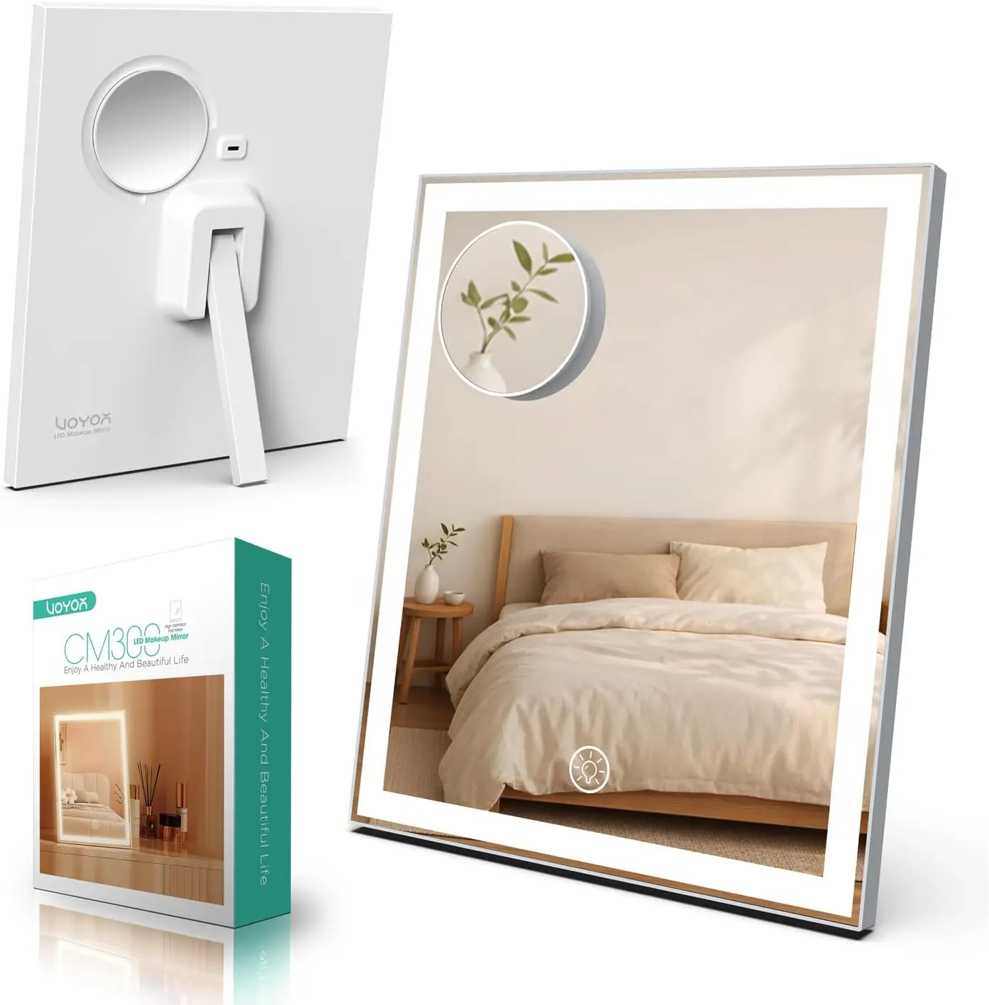 Rechargeable Vanity Mirror with Lights, 11.8x9.8in, 3 Color Modes, 10X Magnification, Smart Touch Control for Dressing Table