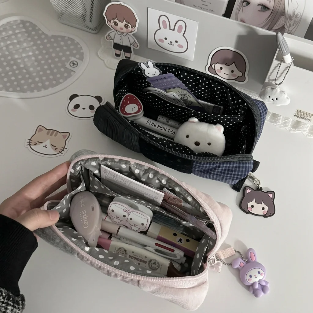 Polka Dot Patchwork-Federmäppchen, vielseitiger koreanischer Stifthalter, Reißverschluss, Schreibwarenbeutel, Stifttasche, Aufbewahrungsorganisator für den Schulanfang