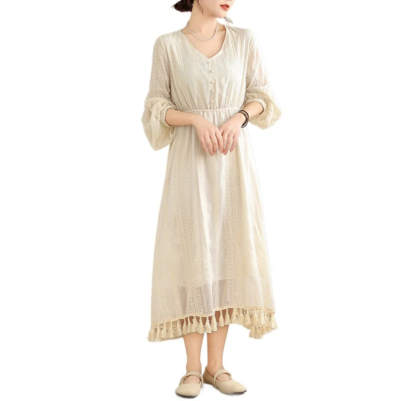 tassels dresses women long sleeve cotton linen dress