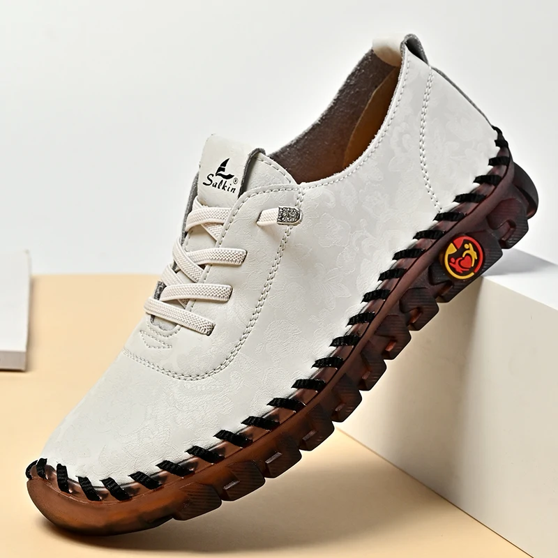 Print Fashion Sneakers Women Hand-stitching Leather Casual Shoes Design Platform Loafers Breathable Flats Shoe Driving Plus Size