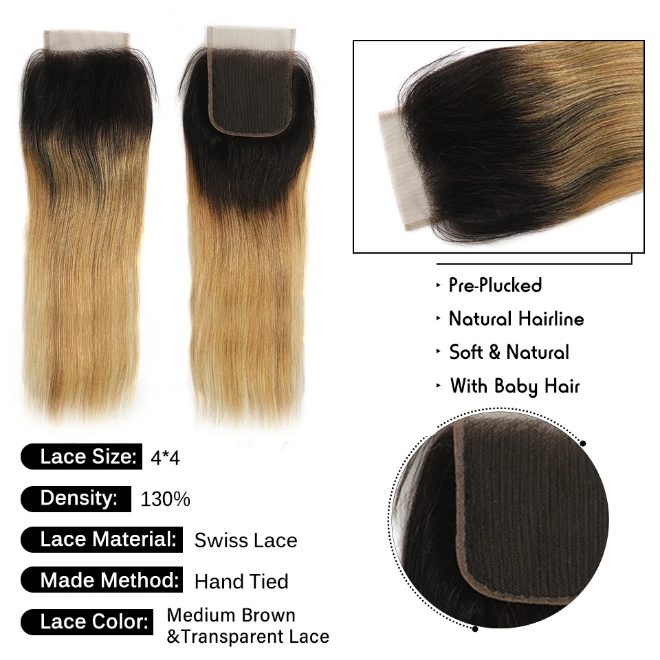 Bundles de cheveux humains raides brésiliens avec fermeture, couleur blonde ombrée, tissage de cheveux 100% humains, 3 faisceaux, 4x4