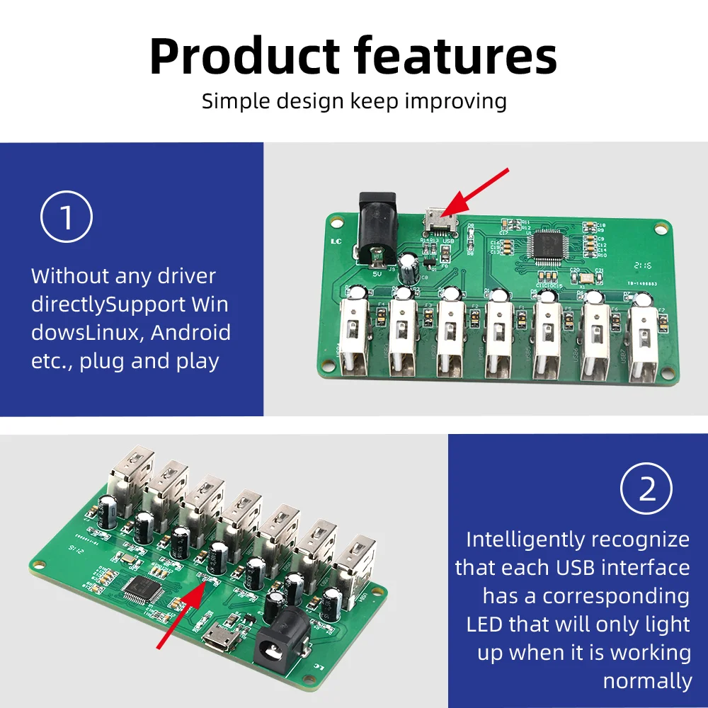 1 szt. moduł USB 2.0 HUB 1 do 7 Port Hub USB Płytka rozszerzeń Siedmioportowy moduł rozdzielacza Micro USB Type-C DC 5V