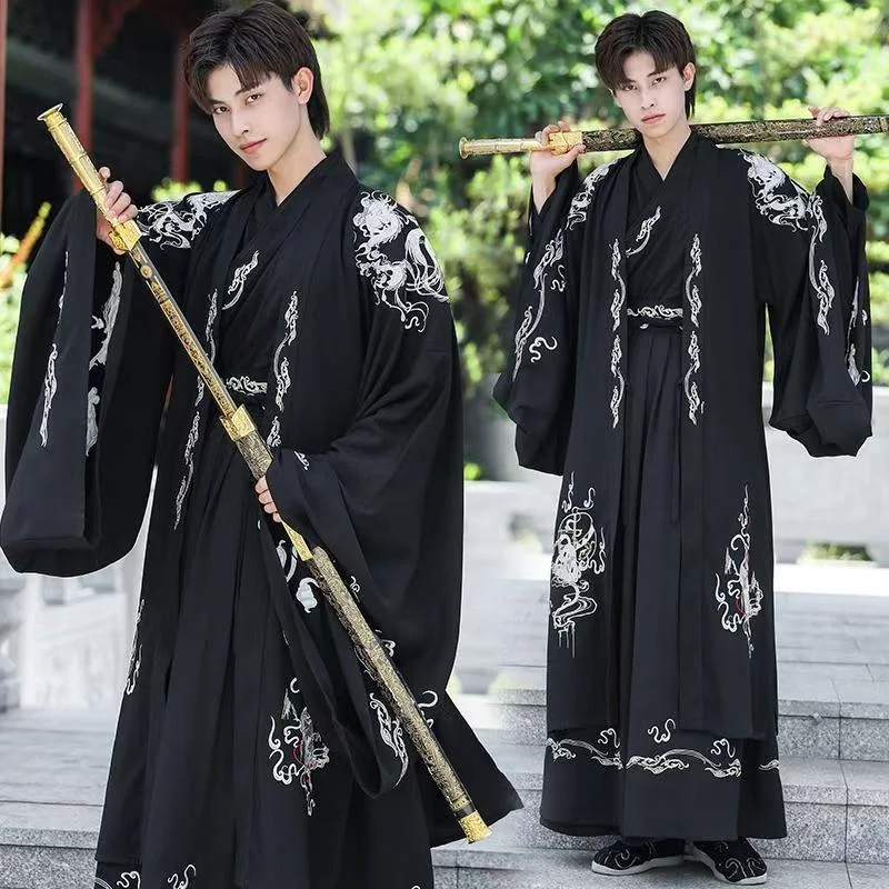 

Black Hanfu Men Swordsman Chinese Traditional Clothes Kimono Modern Hanfu Skirt Tops Suit Weijin Dynasty Ancient Costume Party