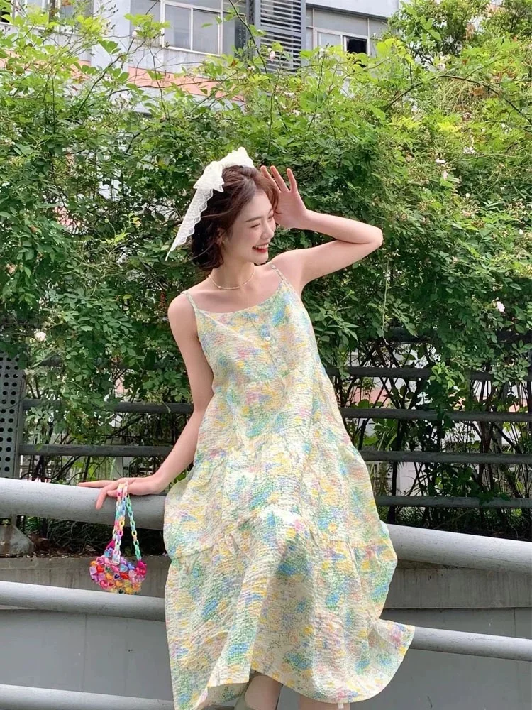 

Summer Korean Gentle Breeze Milk Sweet Beach Vacation Shoulder Strap Adjustable Sling Dress Women's Beach Skirt